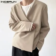 

FAKUNTN Solid ColorFashion Men Blazer V Neck Lace Up Streetwear Leisure Suits Men Long Sleeve 2021 Korean Casual Thin Coats 5XL