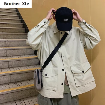 

Autumn New Tooling Jacket Men Fashion Retro Solid Color Casual Big Pocket Jacket Man Streetwear Wild Hip Hop Loose Bomber Jacket