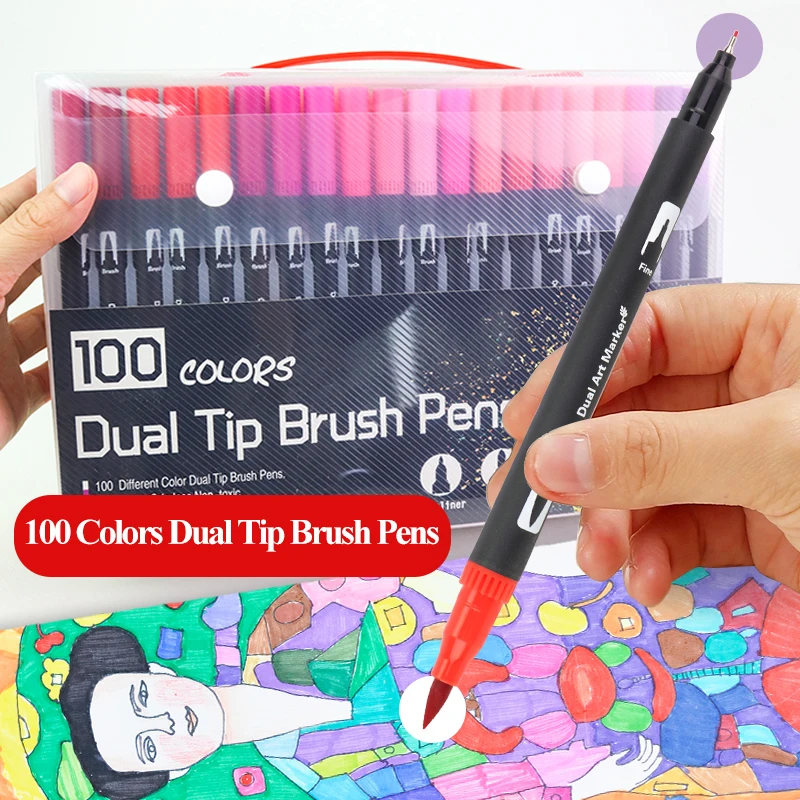 100 Colors Dual Tip Brush Art Markers Pens Fine Tip and Brush