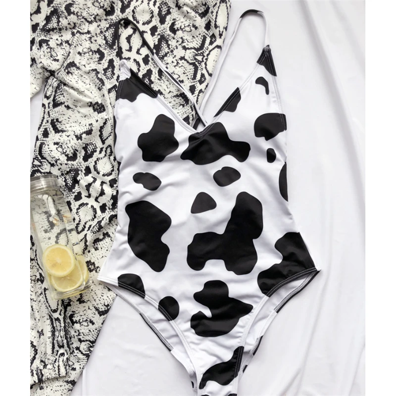 GNIM One Piece Bikini Swimwear Women 2020 Summer Cow Print Swimsuit Beachwear Sexy High Cut Backless Swimming Suit For Women New