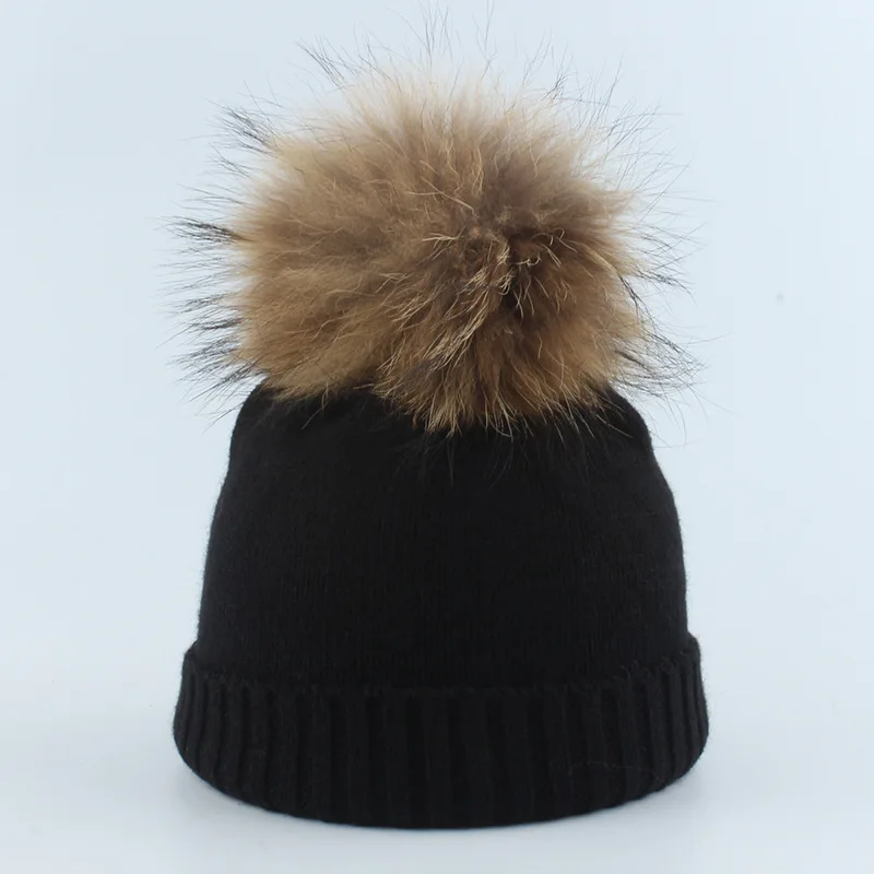 Black natural fur Детская вязаная шапка из ангоры; зимние теплые шапки с помпоном; детская шапочка для мальчиков и девочек; Детская шерстяная вязаная шапка унисекс - Цвет: Black natural fur