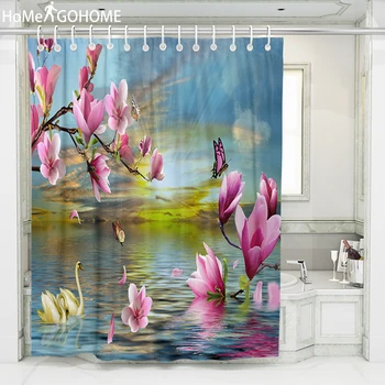 

Pink Flowers Shower Curtain Polyester Fabric Bath Curtain For The Bathroom Decorations 3D Sunlight Shower Curtains Multi-size