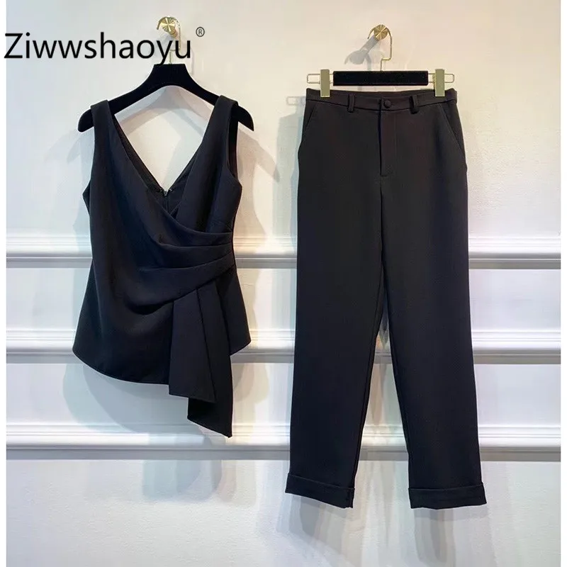 Ziwwshaoyu Модные осенние офисные черные брюки Twinset женские V Воротник рюшами без рукавов топы+ брюки комплект из двух предметов элегантный