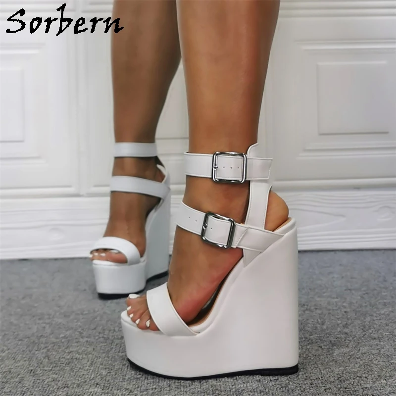 Sorbern Comfortable White Women Sandals Wedge High Heel Slingback Ankle Straps Summer Style Plus Size Women Heels 44 45 46