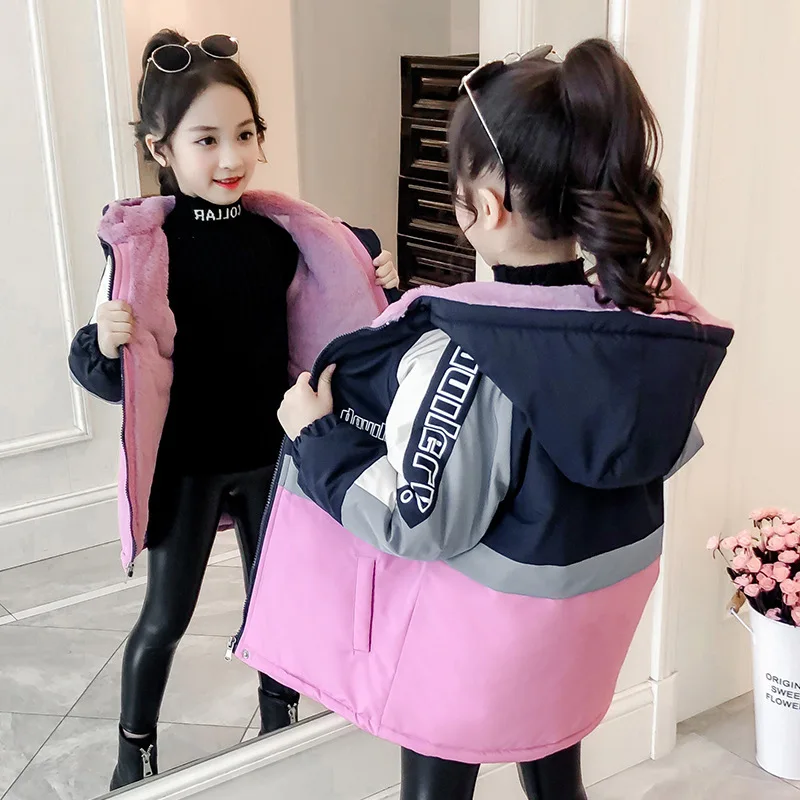 

2020 Winter New Girls' Coat Thickened Fleece -Lined Korean Style Mid- Length Color Matching Shell Jacket Cotton -Padded Coat