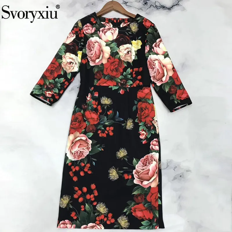

Svoryxiu 2019 New Runway Autumn Winter Dress Women's 3/4 Sleeve O-Neck Vintage Flower Print Elegant Party Dresses Vestdios