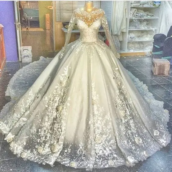 Романтическое 3D свадебное платье с цветами кружевная Иллюзия аппликации подвенечные Свадебные платья с длинными рукавами трапециевидный халат De Mariage