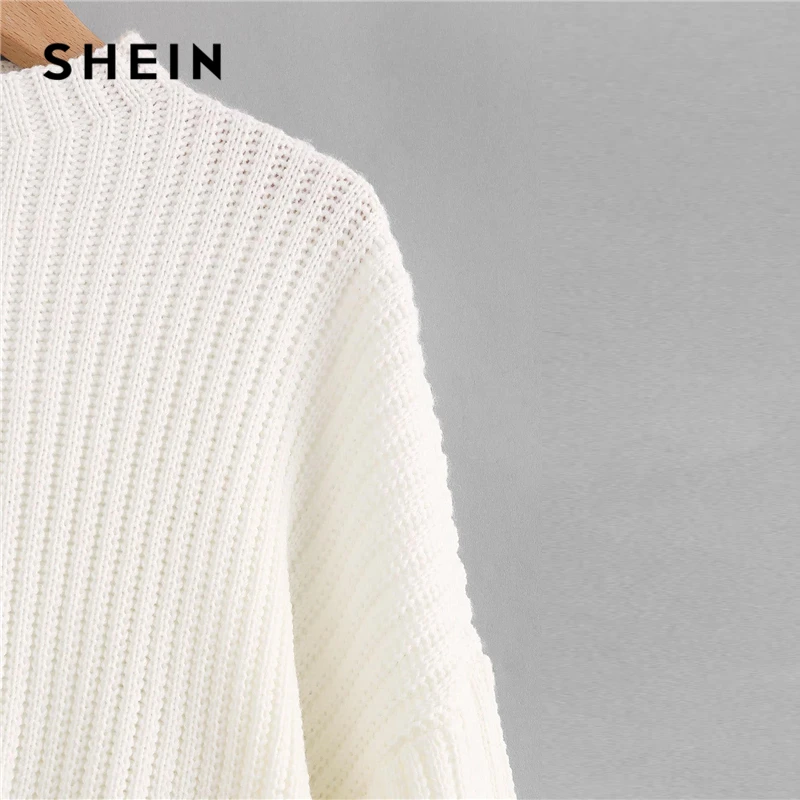 SHEIN белая капля плечо фонарь рукав Свитер оверсайз сплошной Женский свитер-пуловер Зимние Повседневные свитера с высоким воротом