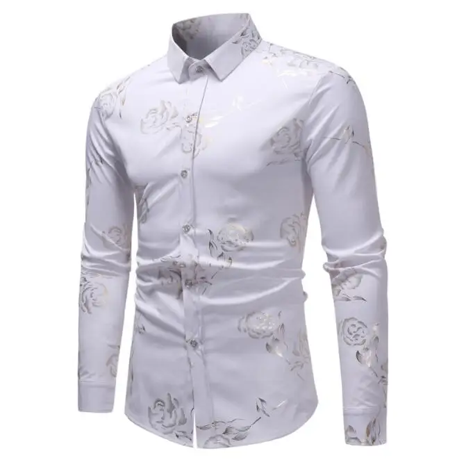 Мужские рубашки с цветочным принтом с розами 2019 Цветочные стимпанк Chemise белые с длинным рукавом для свадебной вечеринки Bronzing Camisa Masculina