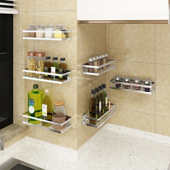 

Kitchen Shelf Storage Organizer Wall Shelves Spice Rack Holder Punch Free Stainless Steel Storage Shelves Rack for Kitchen
