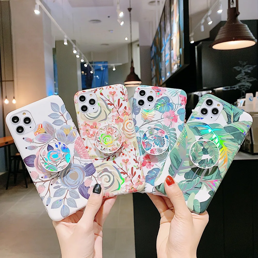 

High-grade colorful ring ring ring bracket laser flower pattern For iPhone 11 12 MINI Pro Max XR XS Max XS 7 8 plus phone case
