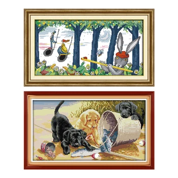 

Joy Sunday Three Dogs Cross Stitch Embroidery Kits 14CT DM Cotton Thread Painting Printed Canvas DIY Needlework Kits Home Decor