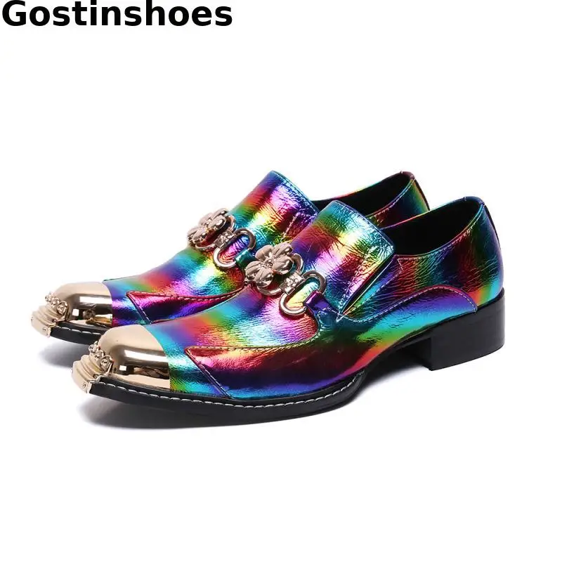 

Fashion Men Leather Shoes Camouflage Rainbow Men Casual Shoes Genuine Leather Square Plain Metal Captoe Leisure Oxfords Shoes
