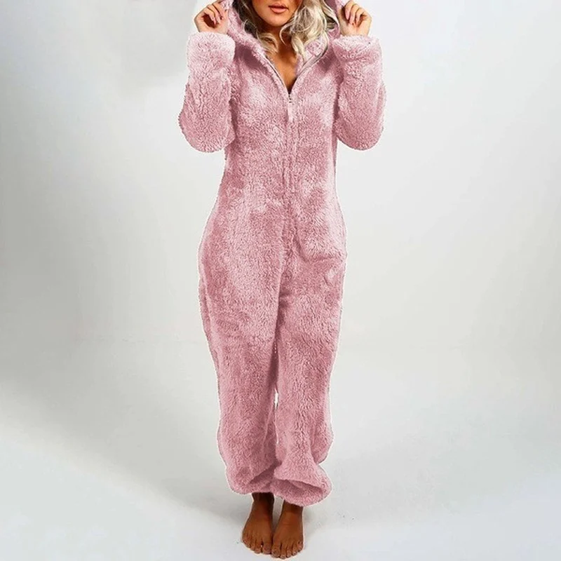One Piece Outfit Women Hooded Romper With Zipper Winter Cute Plush Pajamas For Velvet Fleece Jumpsuits |