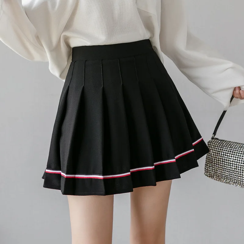 High Waist Women's Skirts Striped Pleated Skirt Elastic Waist Female