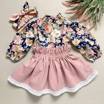 

2-6Y Toddler Baby Girl Kids Clothes Sets Long Sleeve Flower Tops + Lace Skirt + Headband 3pcs Outfit Set