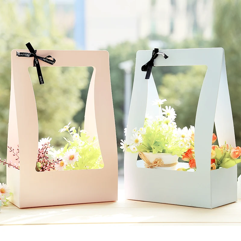

5pcs Flower Basket Paper Carton 5pcs Portable Flowers Packing Box Waterproof Florist Fresh flower Carrier Bag Green Black Pink