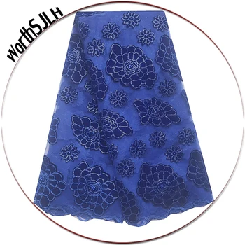

New African Velvet Lace Fabric 2019 High Quality Tulle French Nigerian Lace Fabrics 5Yard Royal Blue Gold Sequence Lace Fabric