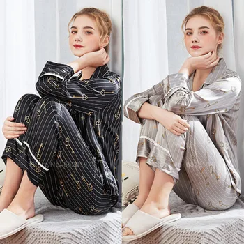 

2020 Female Summer Autumn 2PCs Long Sleeve Tops Trousers Pajamas Set For Women Loungewear Silk Smooth Striped Sleepwear Homewear