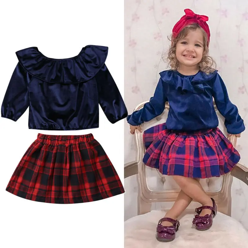 

2019 New Kids Baby Girls Xmas Outfits Set Long Sleeve Velvet blue Tops red Plaid Skirt 2 pcs Dress Clothes