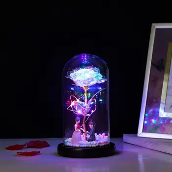 

Gold Foil Rose Flower LED Light Rose Lamps In Glass Dome On Wooden Base With Gift Box For Women Valentine's Day Gift 5 Types