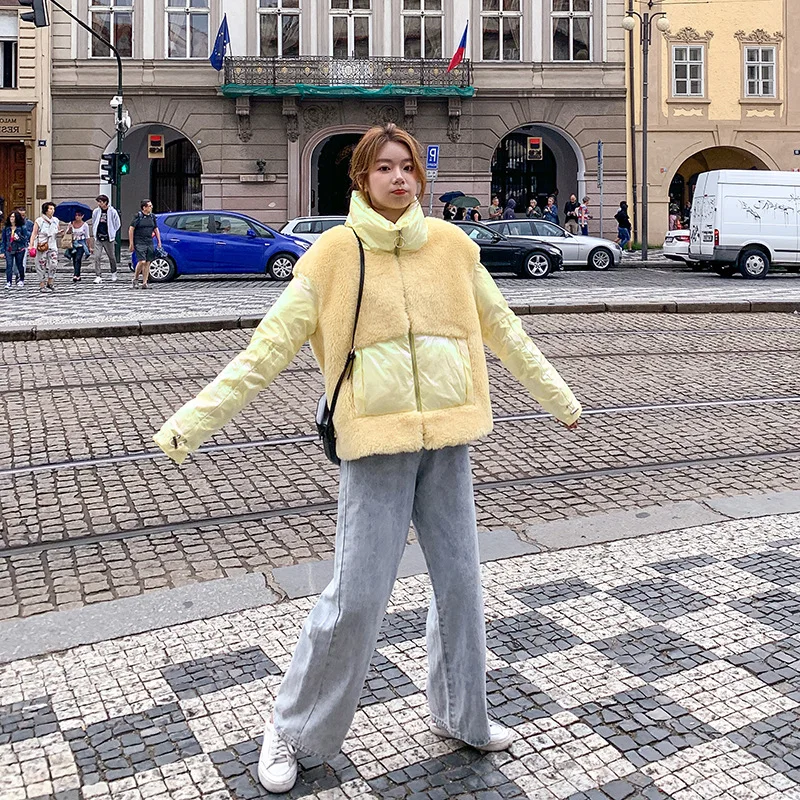 

Faux Lambswool Joint Cotton Coat Women's Short 2019 Winter New Style Korean-style Fashion Loose Bright Surface Stand Collar Coat