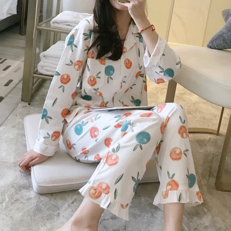 

Pajamas Women's Spring And Autumn Long Sleeve Pure Cotton Cute Cardigan Suit Loose And Plus-sized Korean-style-Outer Wear Autumn