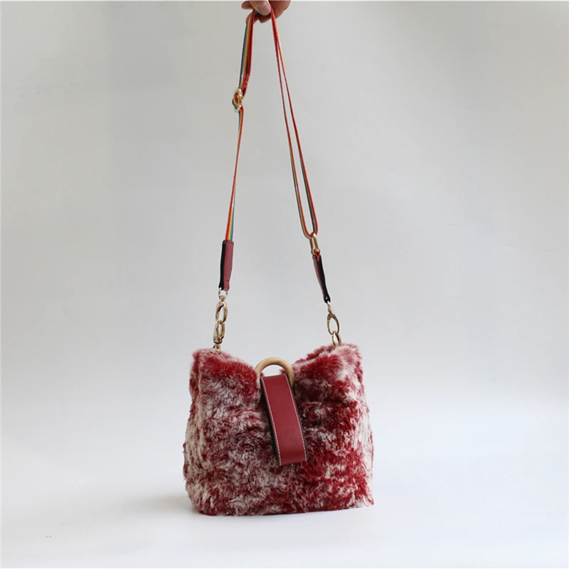 IANLAN New Womens Rex Rabbit Fur Shoulder Bags Casual Real Soft Fur Crossbody Bags Genuine Cowhide Handbags IL00557