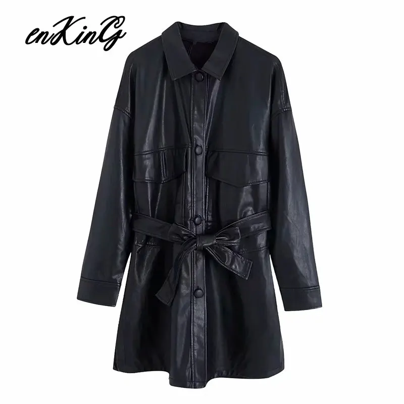 Английский винтажный уличный однобортный кожаный жакет ZA для женщин casaco feminino jaqueta feminina длинный жакет - Цвет: Black