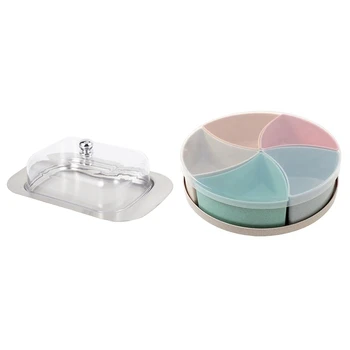

Plastic+Stainless Steel Cream Dishwasher Storage Tray & Wheat Straw Round Divided 5 Compartment Candy Snack Organizer