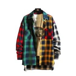 2021 new personality patchwork red plaid shirt men's street casual hip hop long-sleeved shirt men's loose shirt large size M-5XL