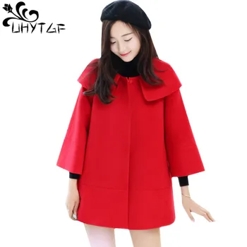 

UHYTGF New autumn wool coat women fashion cloak type Short Jacket Pure color wild quality woolen coats loose plus size top 484