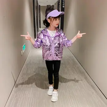 

INS Hot Baby Girl Shiny Windbreaker Coat 3-13 years old Spring and Autumn Hooded Letter Children Clothing Kids Clothes for Girl