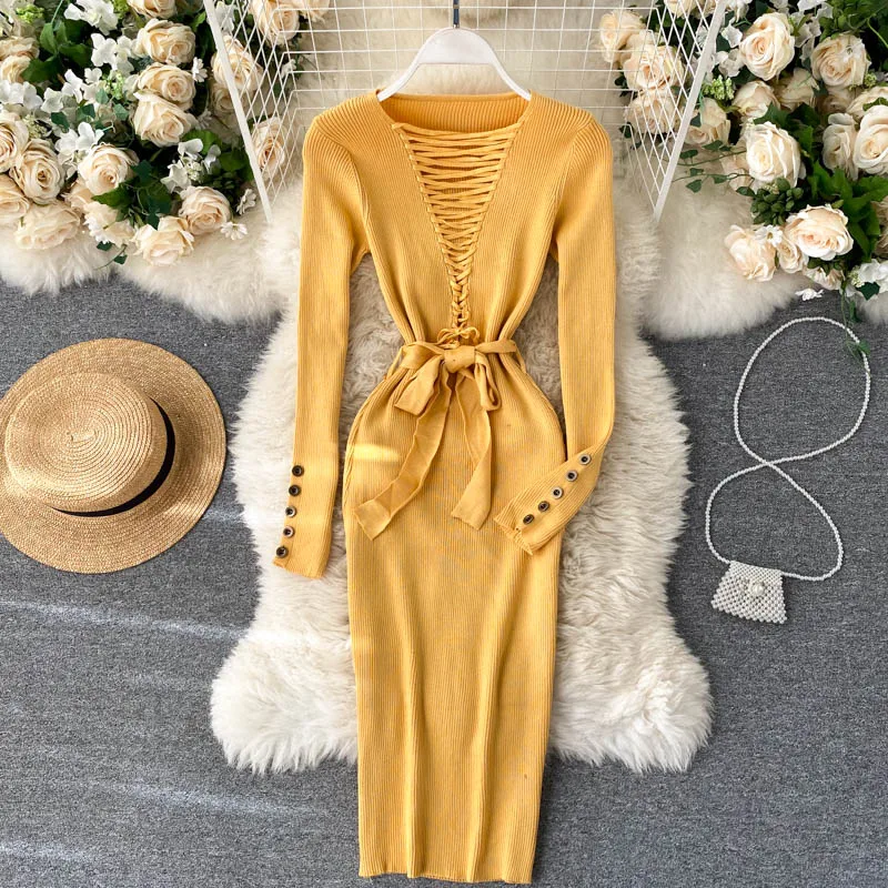 Женские вязаные платья LUOSHA с v образным вырезом на шнуровке длинным рукавом