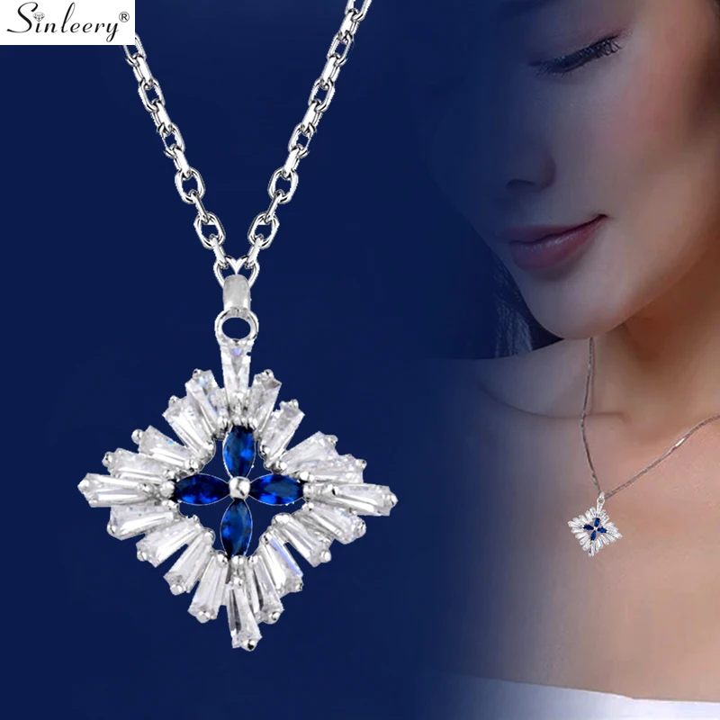 

SINLEERY Shiny Square Pendant Necklace Silver Color Chain White Pink Blue Zirconia Flower Necklace For Women Jewelry XL421 SSH