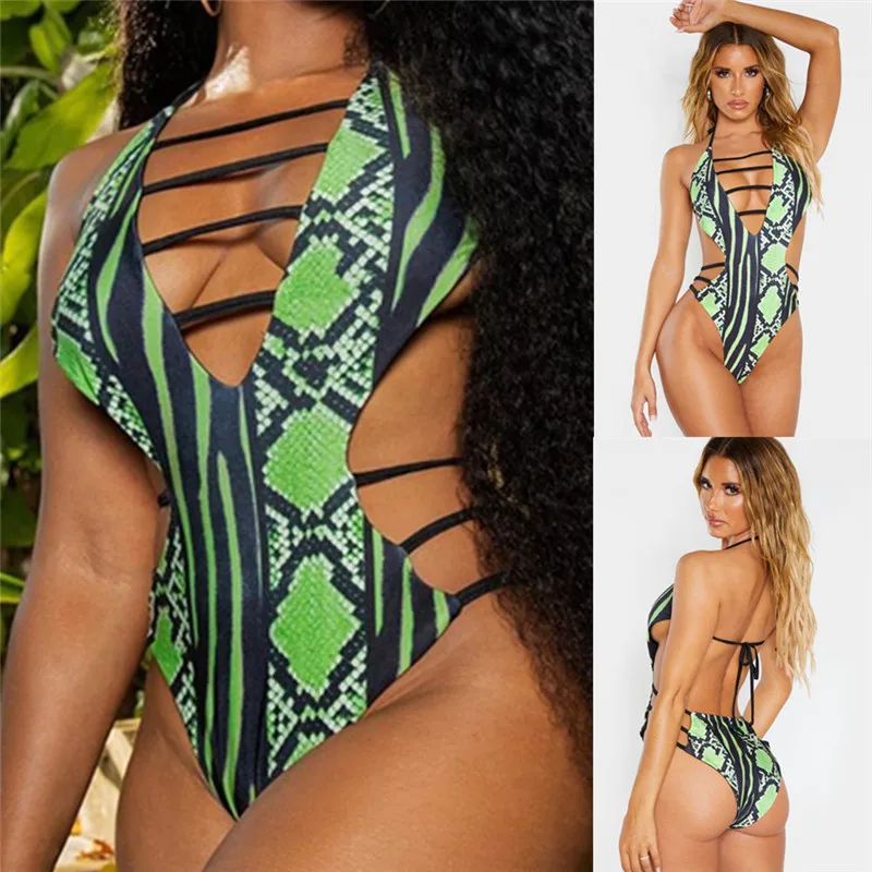 

S-5XL Women Monokini Snakeskin Hollow Halter Bikini Plus Size Push Up Brazilian Swimsuit Swimwear Beach Plavky Tankini Biquini