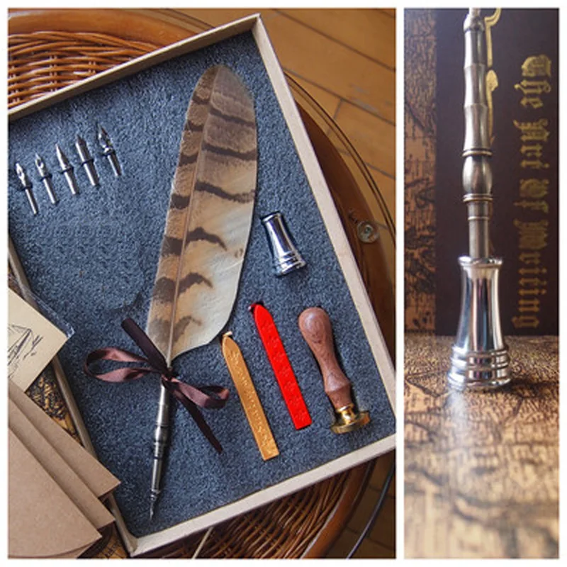 Nature Owl Feather Fountain Vintage Dip Pen with Seal Antique Stationery Envelope 5 Nibs 1 Holder | Канцтовары для офиса и