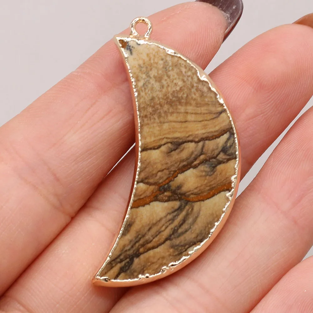 6PCS Wholesale Crescent Shape Natural Picture Stone Gilt Edge Pendant Crafts Making DIY Necklace Earring Charm Jewelry Gift
