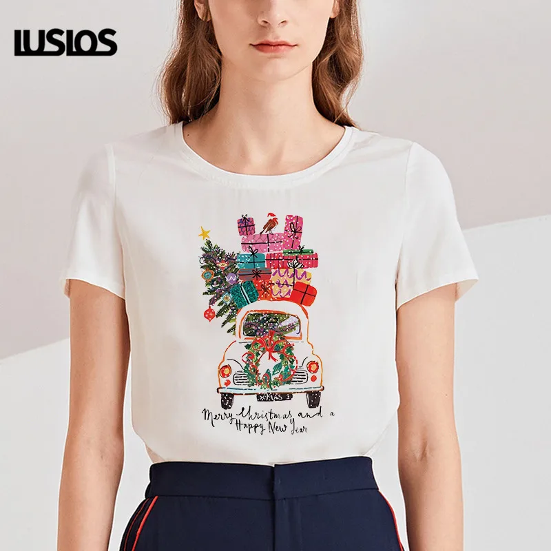 LUSLOS Рождество Gite печатных мультфильм футболка для женщин футболки счастливый