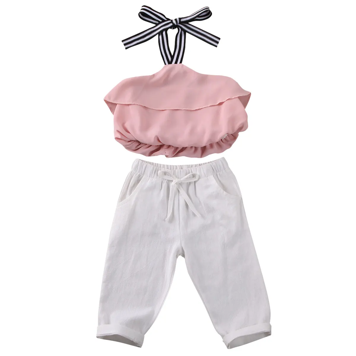 

1-6Y Summer Infant Kids Baby Girls Clothes Sets Sleeveless Belt Pink Vest Tops+White Long Pants Outfits 2pcs