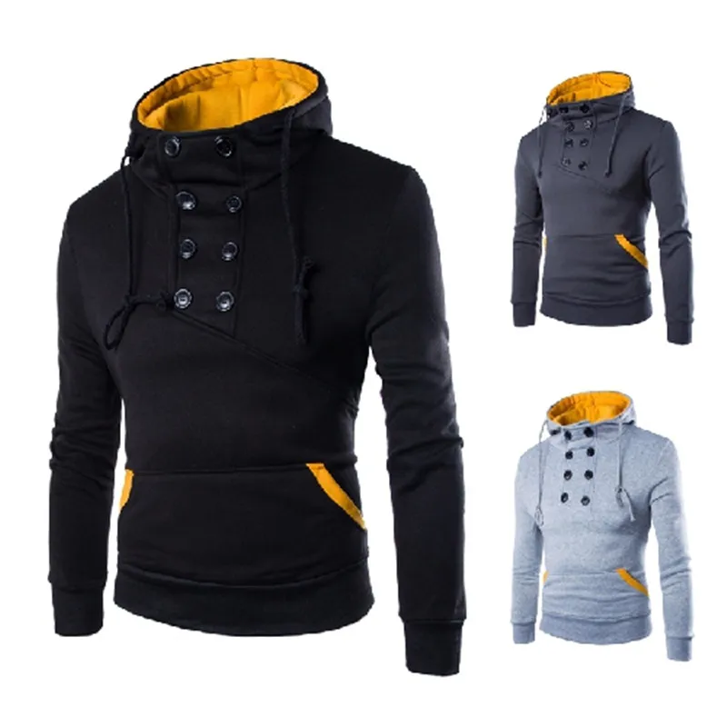 

Winter Mens Hoodies Double Breasted Slim Long Sleeve Hooded Mens Sweatshirts Solid Color Teenager Hoodie