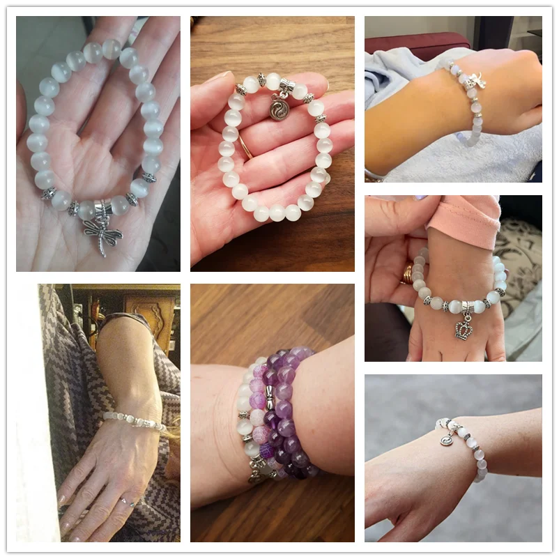 Bracelet Jewelry 8mm white Cat Eye stone Beads Bracelet with Lucky dragonfly Dog claw butterfly Pendant Charms