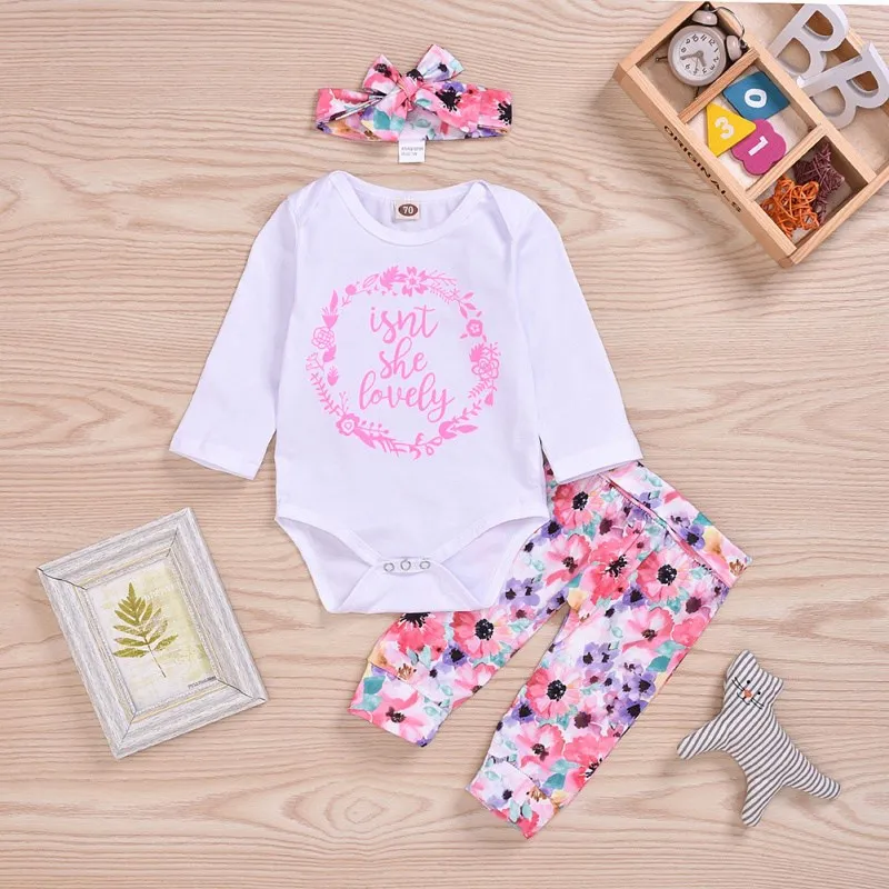 Baby Clothes Kids Girl Romper Love at First Sight Floral Long Pants Flower Headband 3pcs Outfits 0-24M