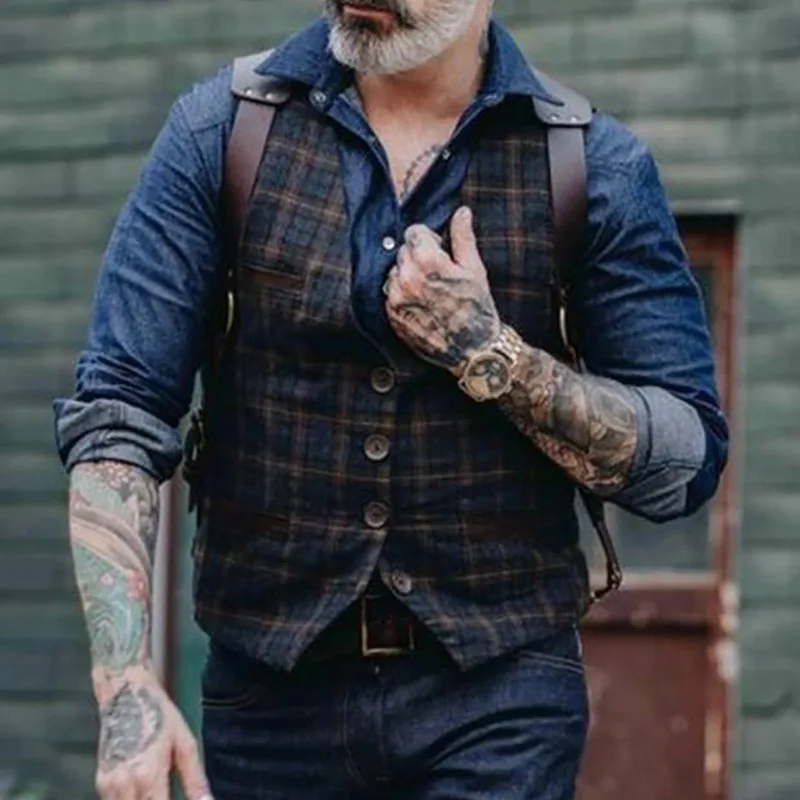 

Man Suit Vest Fashion Slim Fit Thin Grid Plaid Men Waistcoat Tops Slim Jacket Tops Mens Business Vest Casual Clothing 2020