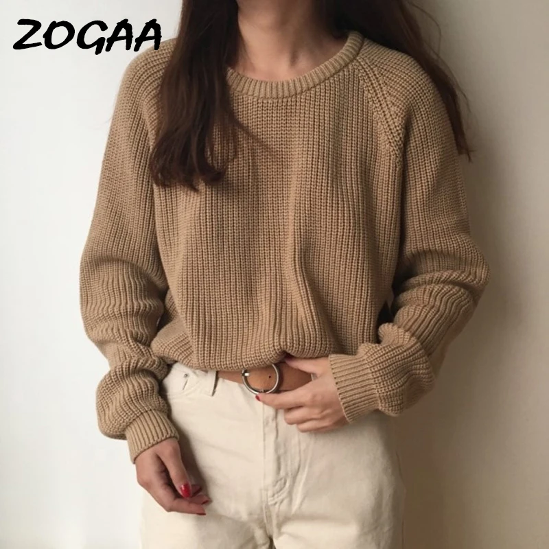 

ZOGAA Korean Fashion Ladies Full Sleeve Women Knitting Sweater Solid O-Neck Pullover Jumper Female Loose Sweater Hot Sale
