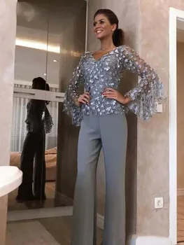 

2 Pieces Silver Grey Lace Mother Of The Bride Pants Suits For Wedding 3D Floral Lace Long Sleeves Mother's Formal Outfit Custom