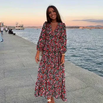 

Floarl Print Long Dress Women 2020 Autumn New Long Sleeved Vintage Dresses V Collar Elegant Dress Vestido