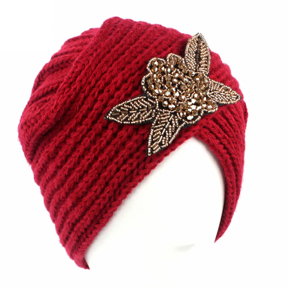 Цветочные украшения для женщин Gorro дамы ретро сплошной цвета зимняя вязаная шапка тюрбан полями шапочки уличные головные уборы czapki zimowe