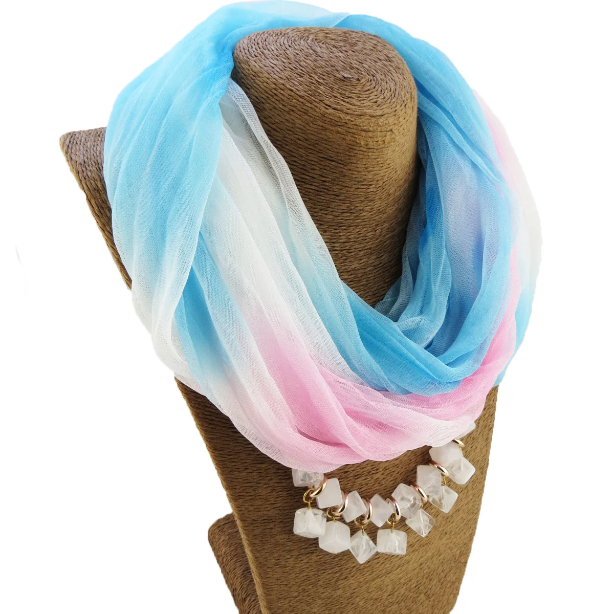 H48d354ce0e5c44f3aa7d2d5df43594c4T Fashion Lady Gradient Color Silk Scarf Ring Simple Bead Pendant Necklace Ring Scarf Multi-style Lady Muslim Head Scarves Hijabs Mallzona