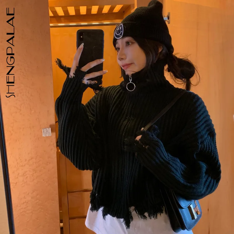 Best Price SHENGPALAE 2020 New Fashion Spring Cardigans For Women Solid Turtleneck Zipper Loose Casual Tide Sweater Female A279